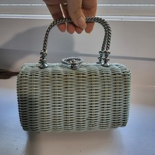 Vintage 1960s Black Wicker Box Purse with Faux Pearl & Brass Studs, Leather Trim, Made in Hong Kong — listing 5