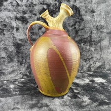 Studio Pottery Terracotta Double Condiment/Olive Server with Central Loop Handle and Blue Floral Motif — listing 6