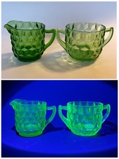Vintage Green Uranium Glass Creamer and Open Sugar Bowl Set, 3.5" Tall Depression Glass — listing 2