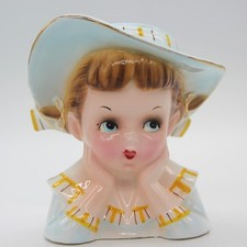 Vintage Ceramic Head Vase - Young Girl with Pigtails and Blue Eyes