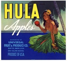Vintage 'Hula' Brand Apple Crate Label, Universal Fruit & Produce Co., Seattle - Framed — listing 5