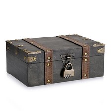 Vintage Dome-Top Wooden Trinket Chest with Wrought Iron Scrollwork Strap Hardware — listing 2