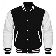 Black Wool Body Leather Sleeve Varsity Letterman Jacket with Novelty Patches, Size 2XL — listing 2