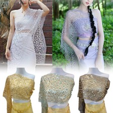Vintage Cream Lace Sequined Wrap Scarf with Silk Ribbon Ties — listing 6