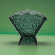 Vintage Forest Green Pressed Glass Footed Fan Vase with Diamond Point Pattern — listing 2