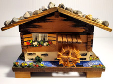 Vintage Wooden Swiss Chalet Music/Trinket Box with Carved Figure and Tree — listing 3