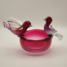 Murano Style Art Glass Birds on Controlled-Bubble Bowl Figurine