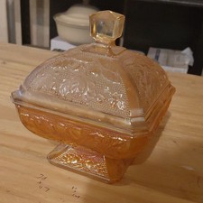 Vintage Amber Pressed Glass Dish Lot (4 Pieces) - Square Nappy, Footed Bowl, Divided Relish, Daisy Button Bowl Single piece, listing 3