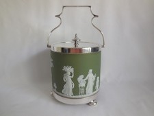 Antique Green Lithographed Tin Biscuit Tin with Neoclassical Cherub Jasperware Motif — listing 2
