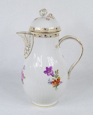 Antique Ivory Porcelain Coffee Pot with Gilt Scalloped Rim and Molded Floral Relief — listing 6