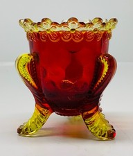 Amberina Cadmium Glass Miniature Toothpick Holder, Daisy & Button Pattern, Red/Yellow, 2.5" Tall — listing 4