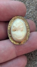 Antique Gilt Metal Shell Cameo Mourning Brooch with Photo Frame Back, 40mm x 35mm — listing 2