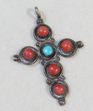 Southwestern Style Branch Coral and Turquoise Beaded Necklace with Silver Cross Pendant — listing 5