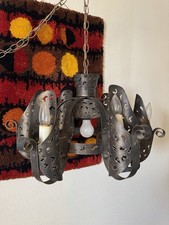 Mid-Century Brutalist Wrought Iron Chandelier with Thick Textured Glass Puck Bobeches, Multi-Tier — listing 4