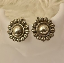 Sterling Silver Concho Domed Post Earrings with Twisted Rope & Stamped Border, Taxco Mexico — listing 4