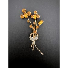 Vintage Domed Filigree Brooch with Amber Glass Cabochons and Aurora Borealis Rhinestones — listing 5