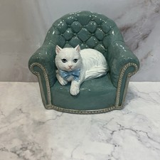 Whimsical Ceramic Black & White Striped Cat Lounging in Floral Armchair Figurine Another name — listing 5