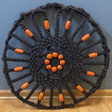Large Vintage 1970s Macrame Mandala Wall Hanging, Rust Orange with Wooden Beads, 33" Diameter