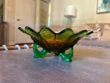 Green Carnival Glass Two-Handled Bonbon Dish with Stippled Rays Pattern — listing 3