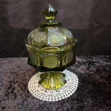 Vintage Emerald Green Pressed Glass Square Pedestal Covered Candy Dish / Wedding Box — listing 5