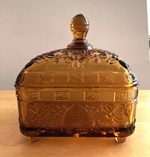 Vintage Olive Green Pressed Glass Covered Candy Dish, Indiana Glass Princess Diamond Point Pattern — listing 3