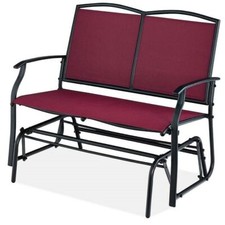 Outdoor Patio Loveseat with Mesh Sling Back and Cushion, Black Metal Frame with Wood-Tone Armrests — listing 2