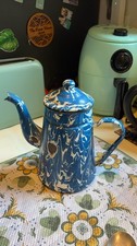 Vintage White Enamelware Coffee Pot with Floral Transfer and Black Trim