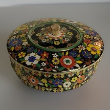 Vintage Marquetry-Style Decorative Oval Tin Box with Mosaic Inlay Pattern — listing 6