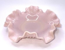 Vintage Pink & White Milk Glass Rose Embossed Trinket Box with Uranium Glass Lid — listing 4