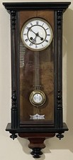 Antique Wall Clock with Gold and White Porcelain Dial, Walnut Case with Turned Columns and Ornate Brass Trim — listing 6