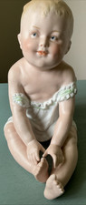 Antique Bisque Porcelain Piano Baby Figurine, Crawling Child in Nightgown with Blue Rattle — listing 6