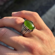 Vintage Men's Two-Tone Signet Ring with Oval Green Cabochon (Jade or Chrysoprase) — listing 2