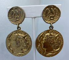 Vintage Gold-Tone Roman Coin Cluster Statement Clip-On Earrings — listing 5