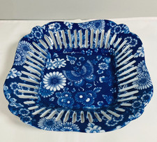 Blue and White Reticulated Porcelain Footed Compote with Hand-Painted Floral Center — listing 4