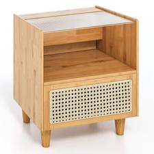 Bow-Front Demilune Side Table / Nightstand with Rattan Bamboo Frame and Woven Wicker Drawer — listing 3