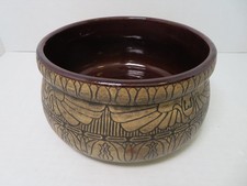 Vintage Brushware Pottery Bowl with Molded Fruit & Foliage Relief, Green Glazed Interior, 3x6