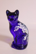 Fenton Art Glass Cobalt Blue Hand-Painted Sitting Cat Figurine — listing 4