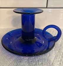 Antique Blue Glass Chamberstick Candle Holder with Gilt Grapevine Decoration — listing 6