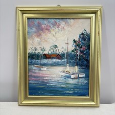 Framed Oil Painting Harbor Seascape with Sailing Boats and Figures, Signed — listing 5