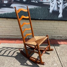 Vintage Ladder-Back Rocking Chair with Woven Rush Seat — listing 4