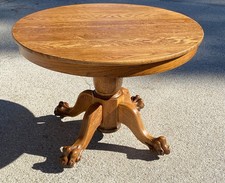 Antique American Oak Round Dining Table with Carved Claw Feet and Fluted Legs — listing 3