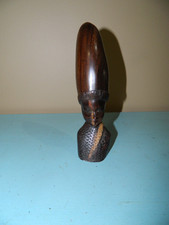 African Style Carved Wood Mask on Metal-Clad Stand, Elongated Coiffure — listing 6