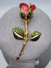 Pair of Vintage Red Plastic Rose Flower Brooches with Green Stems — listing 3