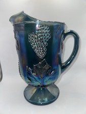 Indiana Glass Blue Iridescent Carnival Glass Pitcher Harvest Grape Pattern — listing 4