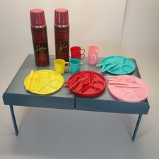 Vintage Folding Camping Picnic Table with Attached Benches, Tubular Aluminum Frame & Laminate Top — listing 6