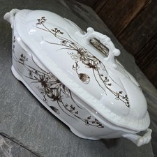 Antique Victorian Transferware Rectangular Covered Vegetable Dish / Tureen with Purple Floral Transfer