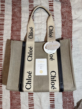 Chloé Woody Medium Tote Bag White Brown Linen Leather — listing 4