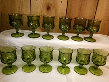 Vintage Olive Green Glass Grouping: Thumbprint Goblet with Grape & Leaf Design and Scalloped Teardrop Compote