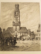 Hand-Colored Etching of the Belfry of Bruges (Beffroi), Signed 'Daviel' — listing 2