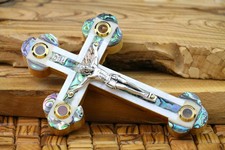 Antique Wood Wall Cross with Mother-of-Pearl Inlay and Gold Filigree Rosettes — listing 2